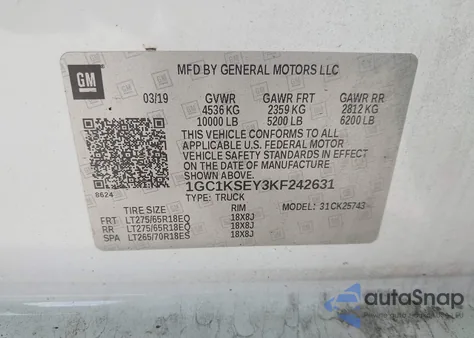 2019 Chevrolet Silverado 2500Hd Lt из США, поврежденный, VIN 1GC1KSEY3KF242631